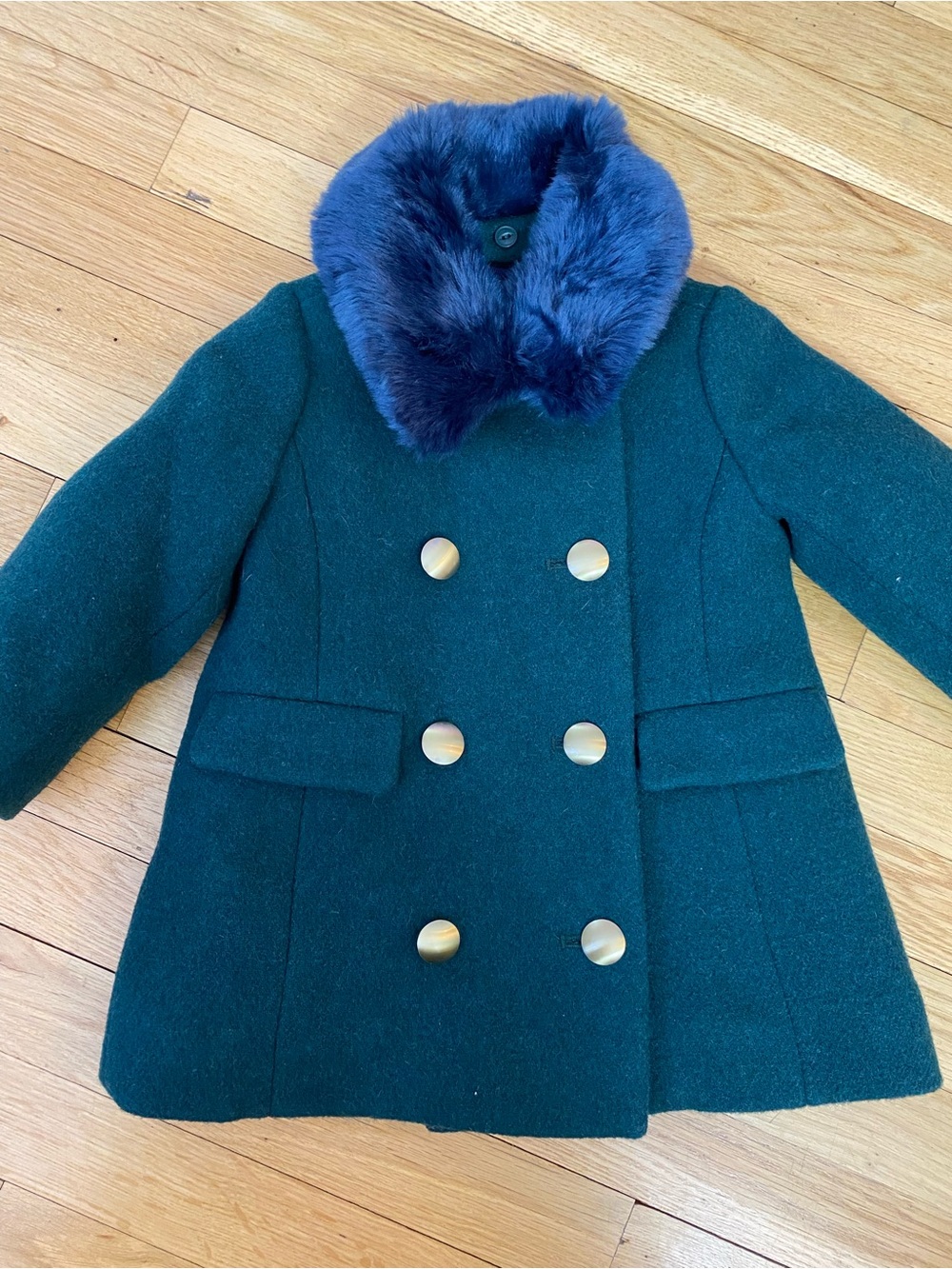Crewcuts Dark Green Double-Breasted Pea Coat with Blue Faux Fur Collar